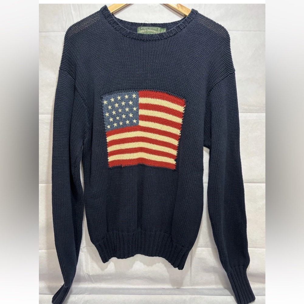 Vintage Ralph Lauren Polo Country American Flag Hand Knit Sweater Cotton Small